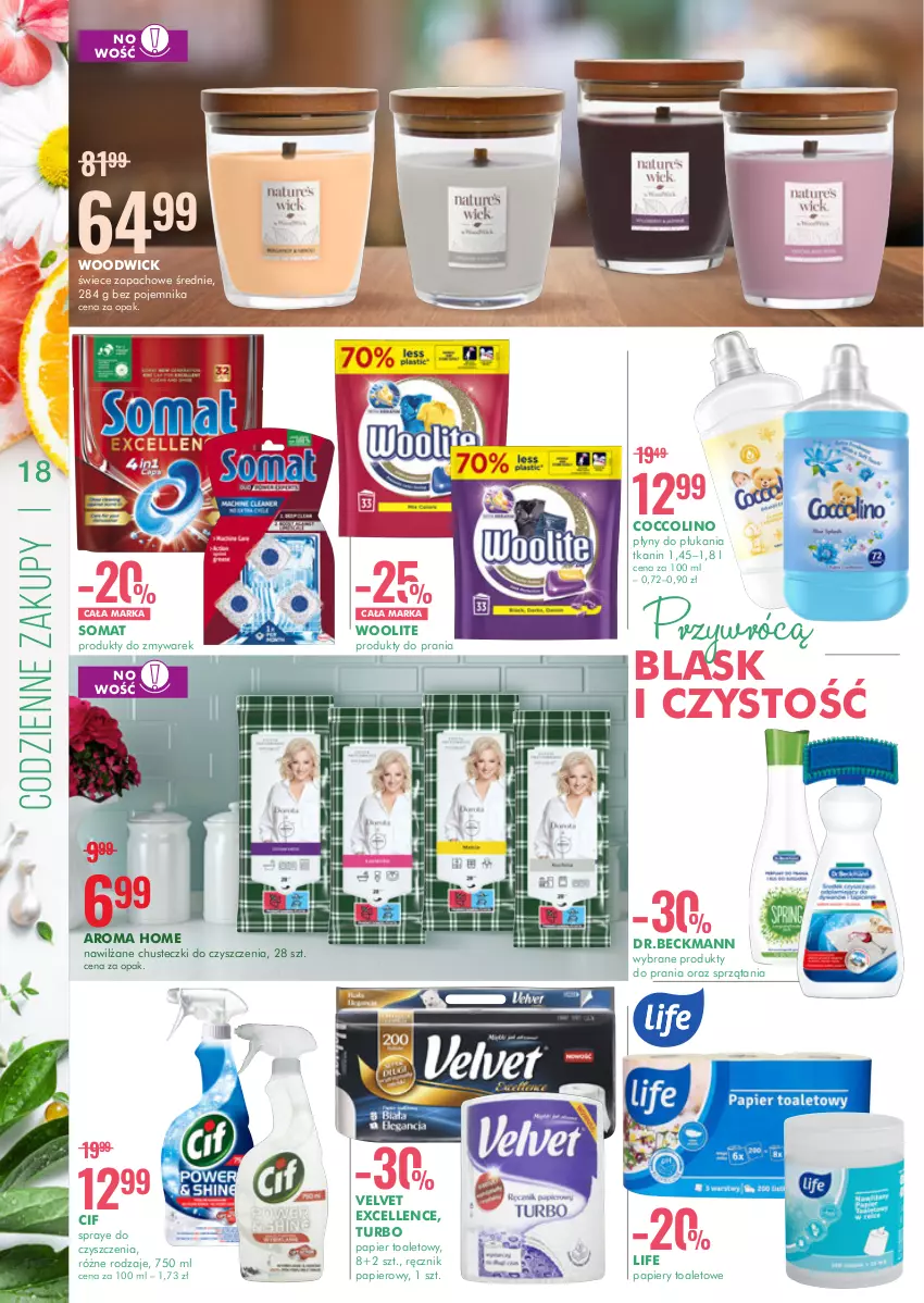 Gazetka promocyjna Super Pharm - Gazetka - ważna 05.05 do 18.05.2022 - strona 18 - produkty: Chusteczki, Chusteczki do czyszczenia, Cif, Coccolino, Papier, Papier toaletowy, Pojemnik, Produkty do zmywarek, Ręcznik, Somat, Velvet, Woolite