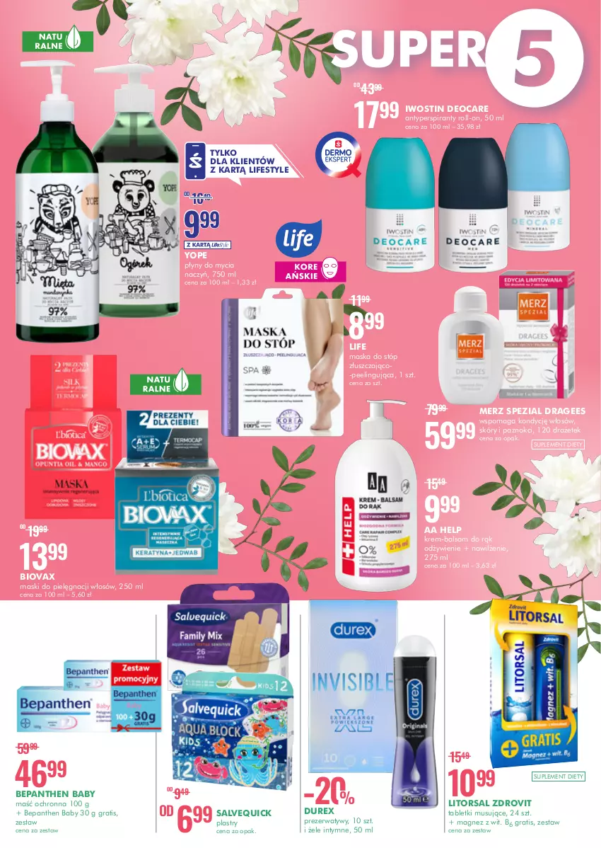 Gazetka promocyjna Super Pharm - Gazetka - ważna 05.05 do 18.05.2022 - strona 2 - produkty: Antyperspirant, Bepanthen, Biovax, Do mycia naczyń, Durex, Gra, Iwostin, Magnez, Maska, Maska do stóp, Merz Spezial, Mus, Peeling, Prezerwatyw, Suplement diety, Tablet, Tabletki musujące, Yope