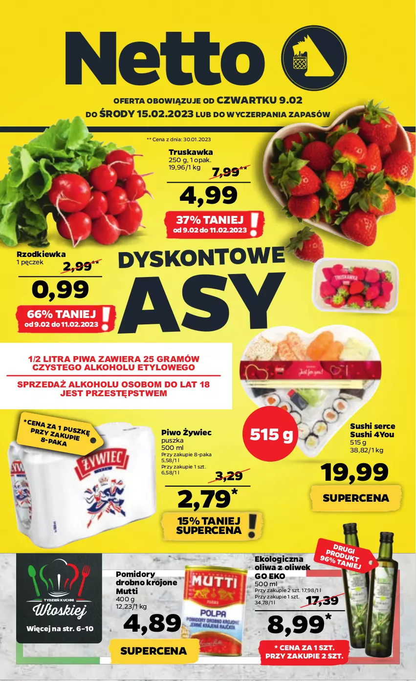 Gazetka promocyjna Netto - Artykuły spożywcze - ważna 09.02 do 15.02.2023 - strona 1 - produkty: Gra, Oliwa z oliwek, Piwa, Piwo, Pomidory, Rzodkiewka, Ser, Sushi