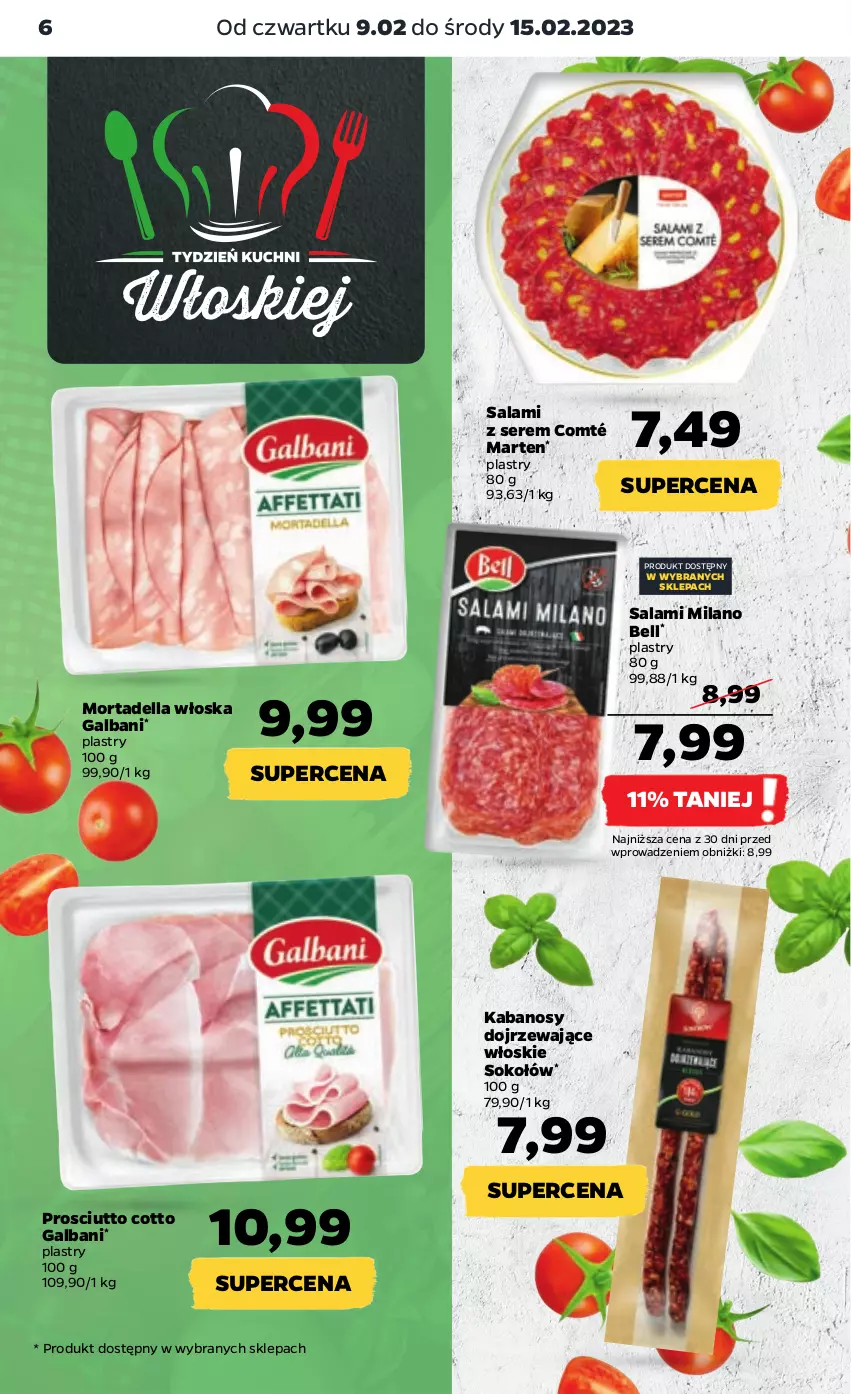 Gazetka promocyjna Netto - Artykuły spożywcze - ważna 09.02 do 15.02.2023 - strona 6 - produkty: Bell, Dell, Galbani, Kabanos, Mortadella, Prosciutto, Salami, Ser, Sok, Sokołów