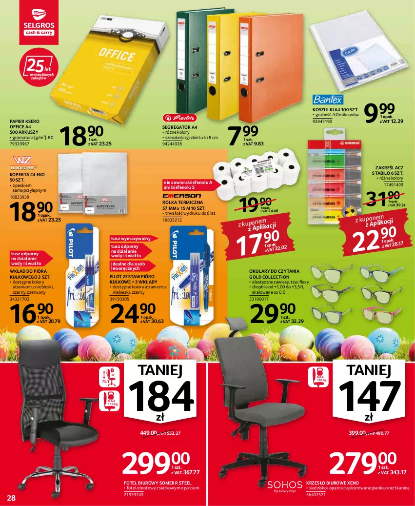 Gazetka promocyjna Selgros - Oferta przemysłowa - ważna 07.04 do 16.04.2022 - strona 28 - produkty: Biuro, Fotel, Gra, Kosz, Krzesło, Mop, Okulary do czytania, Papier, Pióra kulkowego, Por, Rama, Ser, Siedzisko, Tusz