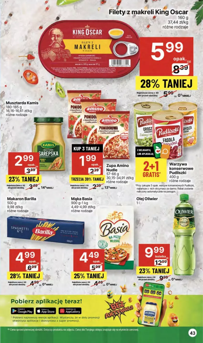 Gazetka promocyjna Delikatesy Centrum - NOWA GAZETKA Delikatesy Centrum od 14 marca! 14-20.03.2024 - ważna 14.03 do 20.03.2024 - strona 43 - produkty: Barilla, Basia, Kamis, Kawa, Mąka, Makaron, Mus, Musztarda, Olej, Pudliszki, Ser, Tera, Warzywa, Warzywa konserwowe, Zupa