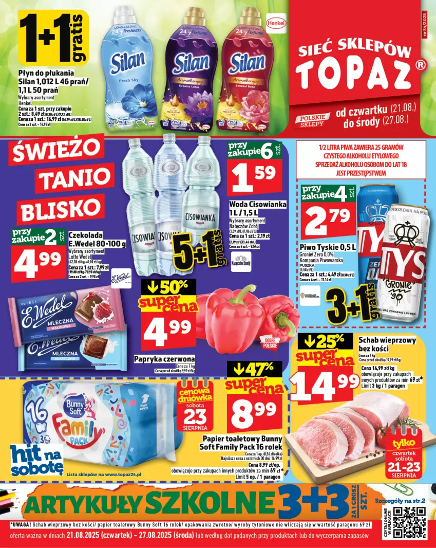 Gazetka promocyjna Topaz - Gazetka - ważna 21.08 do 27.08.2025 - strona 1 - produkty: Fa, Papier, Papier toaletowy, Papryka, Papryka czerwona, Piwo, Płyn do płukania, Schab wieprzowy, Silan, Tyskie, Waga