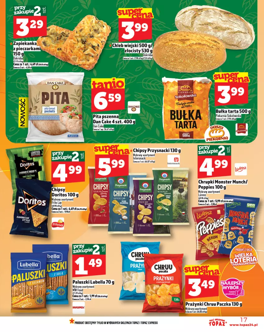Gazetka promocyjna Topaz - Gazetka - ważna 21.08 do 27.08.2025 - strona 17 - produkty: Bell, Bella, Bułka, Bułka tarta, Chipsy, Chrupki, Dan Cake, Lubella, Monster Munch, Przysnacki, Tarta, Top