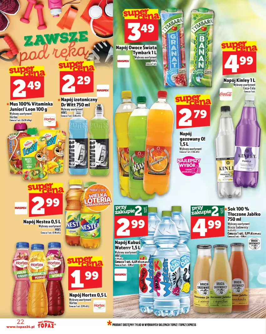 Gazetka promocyjna Topaz - Gazetka - ważna 21.08 do 27.08.2025 - strona 22 - produkty: Coca-Cola, Hortex, Inka, Leon, Mus, Napój, Napój gazowany, Napój izotoniczny, Nestea, Sok, Top