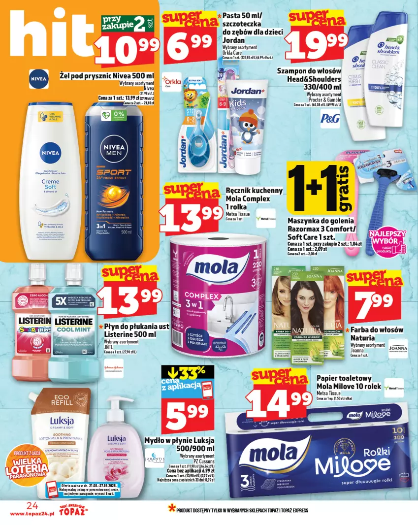 Gazetka promocyjna Topaz - Gazetka - ważna 21.08 do 27.08.2025 - strona 24 - produkty: Dzieci, Fa, Farba do włosów, Joanna, Listerine, Luksja, Maszynka, Maszynka do golenia, Mola, Mydło, Mydło w płynie, Papier, Papier toaletowy, Ręcznik, Ręcznik kuchenny, Rolki, Szampon, Szczoteczka, Szynka, Top