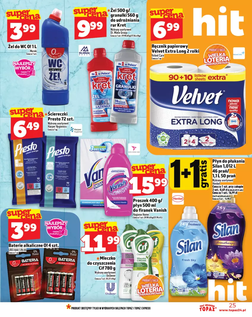 Gazetka promocyjna Topaz - Gazetka - ważna 21.08 do 27.08.2025 - strona 25 - produkty: Cif, Gra, Kret, Mleczko, Papier, Płyn do płukania, Presto, Ręcznik, Rolki, Silan, Top, Vanish, Velvet