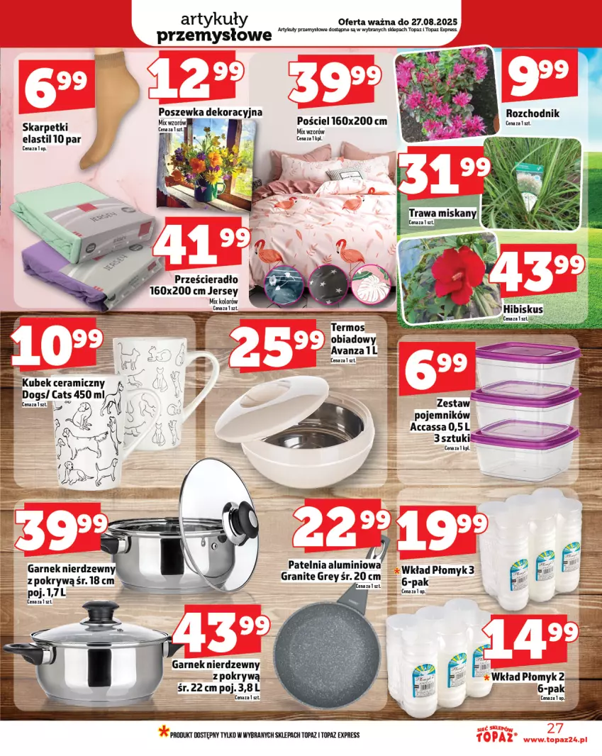 Gazetka promocyjna Topaz - Gazetka - ważna 21.08 do 27.08.2025 - strona 27 - produkty: Garnek, Gra, Karp, Patelnia, Pojemnik, Pościel, Poszewka, Prześcieradło, Skarpetki, Top