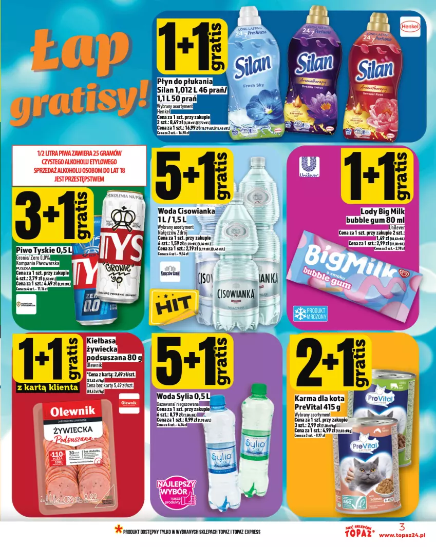 Gazetka promocyjna Topaz - Gazetka - ważna 21.08 do 27.08.2025 - strona 3 - produkty: Big Milk, Cisowianka, Kiełbasa, Lody, Olewnik, Top, Woda