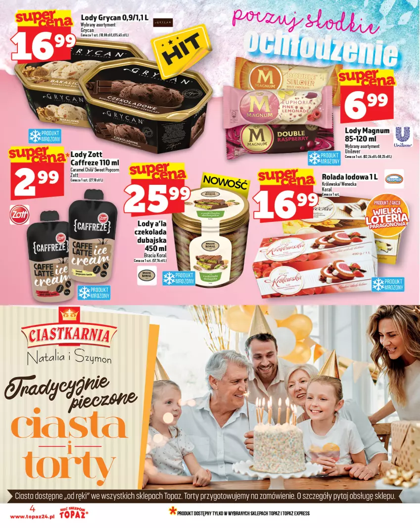 Gazetka promocyjna Topaz - Gazetka - ważna 21.08 do 27.08.2025 - strona 4 - produkty: Czekolada, Gry, Lody, Popcorn, Rolada, Top, Zott