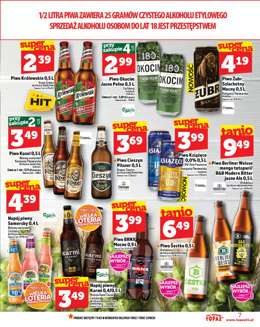 Gazetka promocyjna Topaz - Gazetka - ważna 21.08 do 27.08.2025 - strona 7 - produkty: Carlsberg, Fa, Karmi, Kawa, Koc, Kozel, Królewski, Mango, Napój, Okocim, Piwo, Pur, Somersby, Top