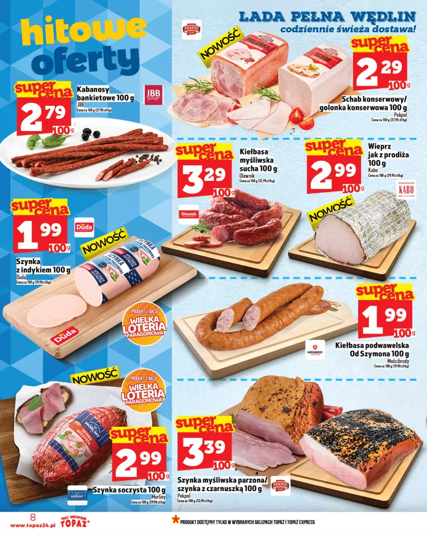 Gazetka promocyjna Topaz - Gazetka - ważna 21.08 do 27.08.2025 - strona 8 - produkty: Fa, Kiełbasa, Kiełbasa podwawelska, Olewnik, Pekpol, Ser, Szynka, Top, Wawel