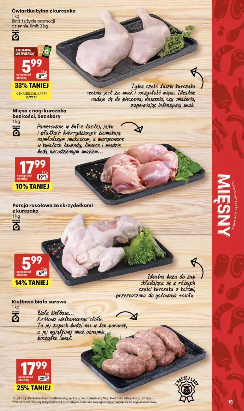 Gazetka promocyjna Delikatesy Centrum - Franczyza DC13 Czwartek - ważna 26.03 do 01.04.2026 - strona 15 - produkty: Dron, Kiełbasa, Kiełbasa biała, Kosz, Kurczak, Mięso, Piec, Por, Rum