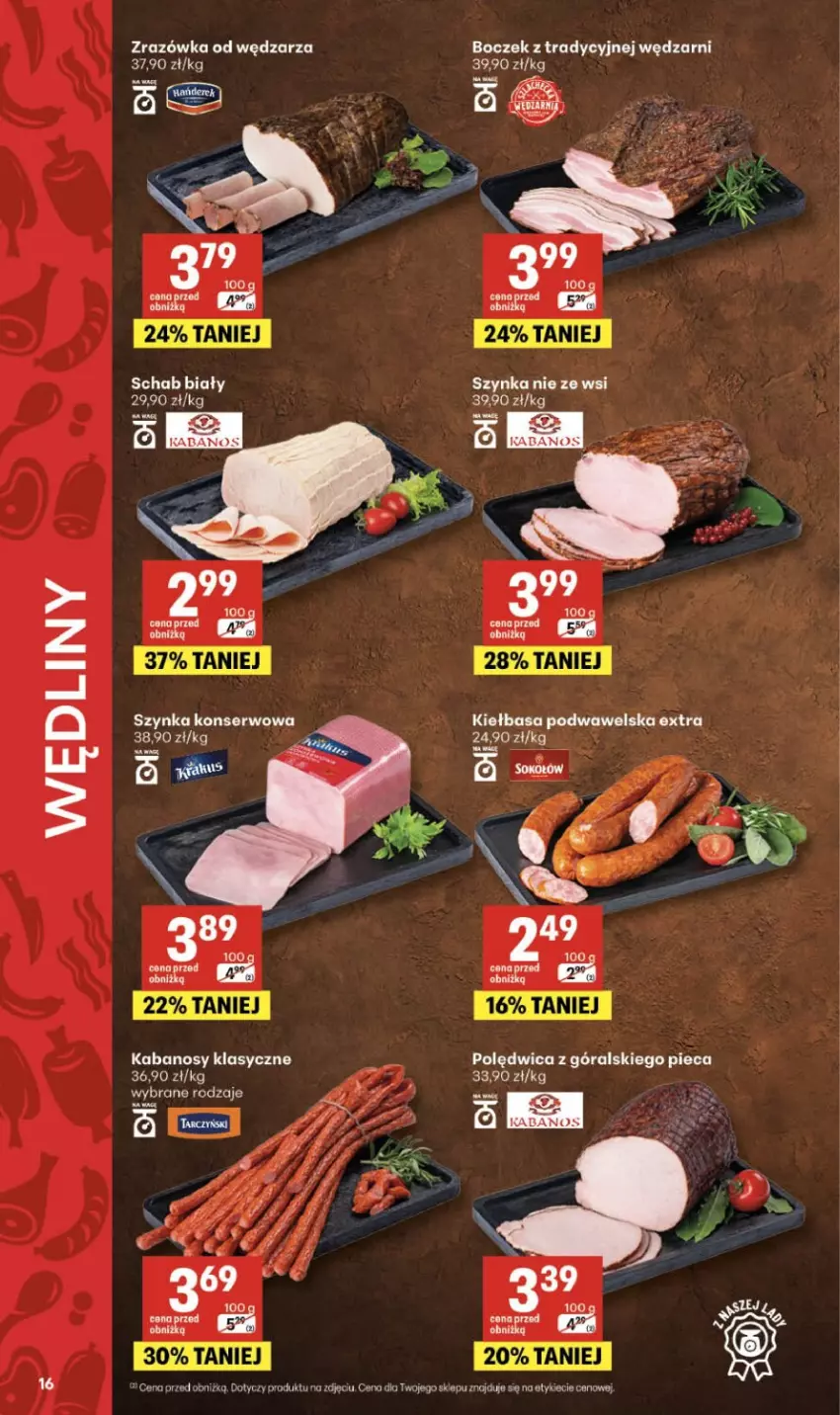 Gazetka promocyjna Delikatesy Centrum - Franczyza DC13 Czwartek - ważna 26.03 do 01.04.2026 - strona 16 - produkty: Boczek, Fa, Kabanos, Kiełbasa, Kiełbasa podwawelska, Piec, Polędwica, Ser, Szynka, Szynka konserwowa, Wawel