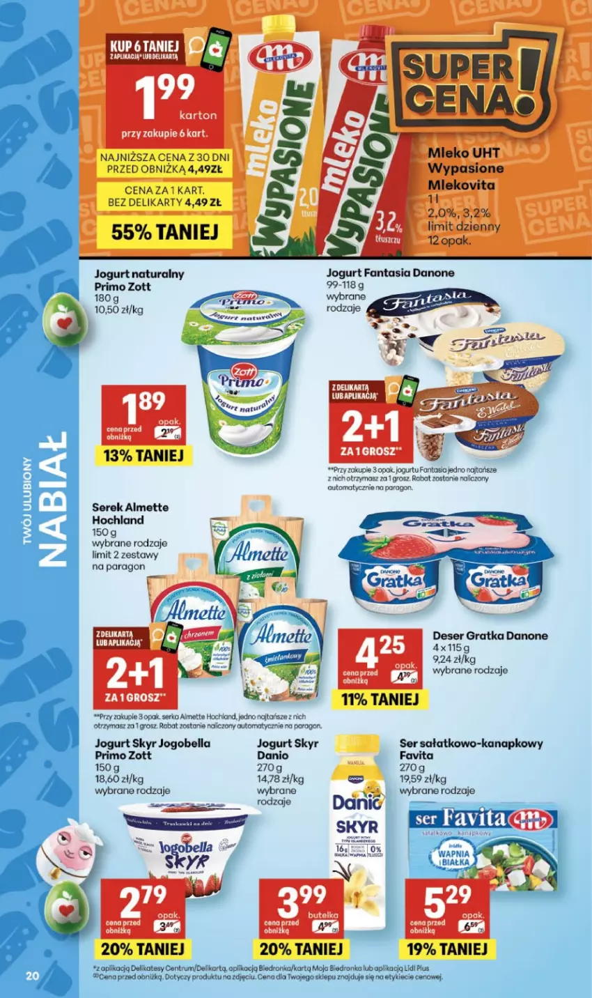 Gazetka promocyjna Delikatesy Centrum - Franczyza DC13 Czwartek - ważna 26.03 do 01.04.2026 - strona 20 - produkty: Almette, Bell, Bella, Danio, Danone, Deser, Dron, Fa, Fanta, Favita, Gra, Hochland, Jogobella, Jogurt, Jogurt naturalny, Mleko, Mlekovita, Rum, Sałat, Ser, Ser sałatkowo-kanapkowy, Serek, Zott