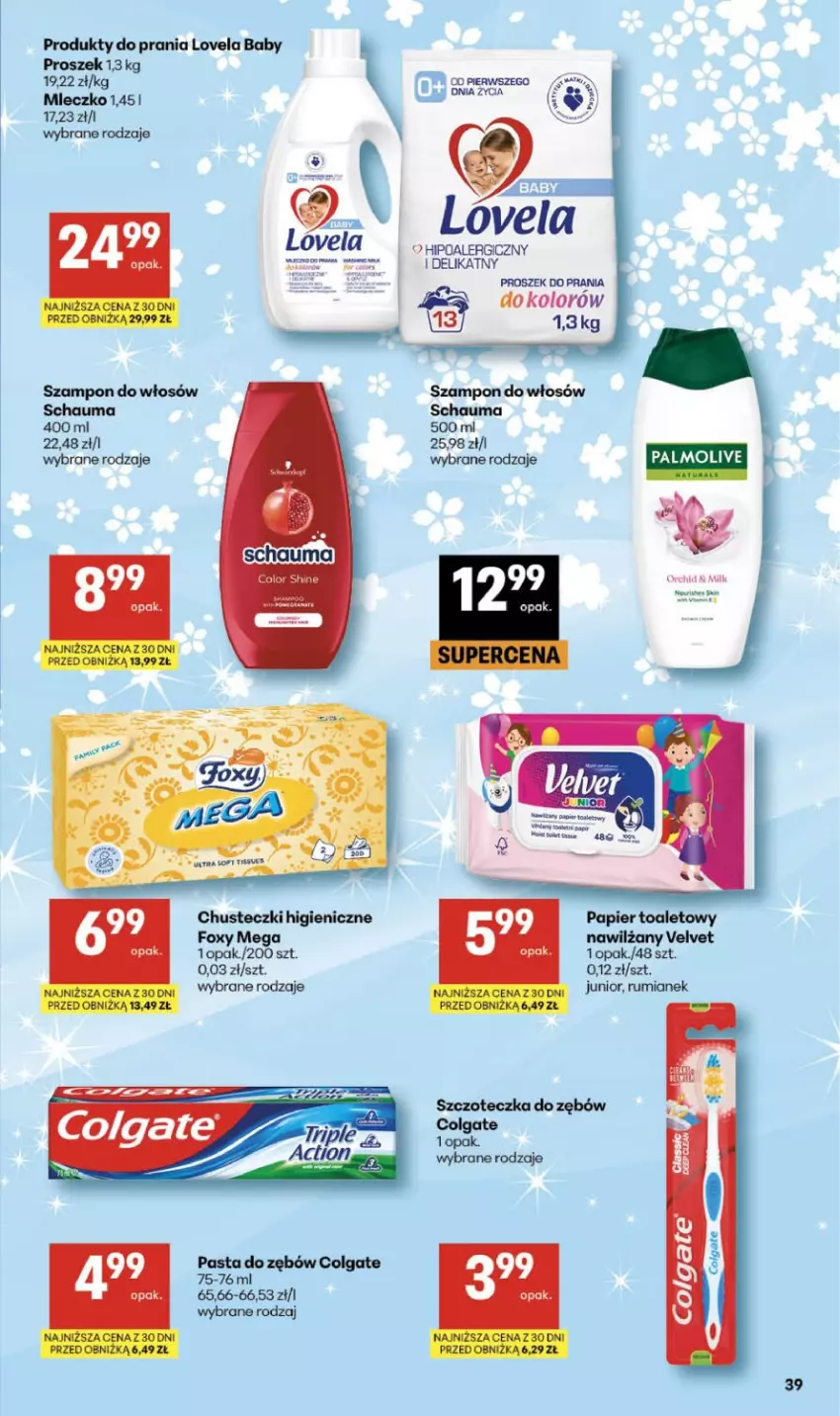 Gazetka promocyjna Delikatesy Centrum - Franczyza DC13 Czwartek - ważna 26.03 do 01.04.2026 - strona 39 - produkty: Chusteczki, Colgate, Foxy, LG, Lovela, Mleczko, Papier, Papier toaletowy, Pasta do zębów, Proszek do prania, Rum, Schauma, Szampon, Szczoteczka, Szczoteczka do zębów, Velvet