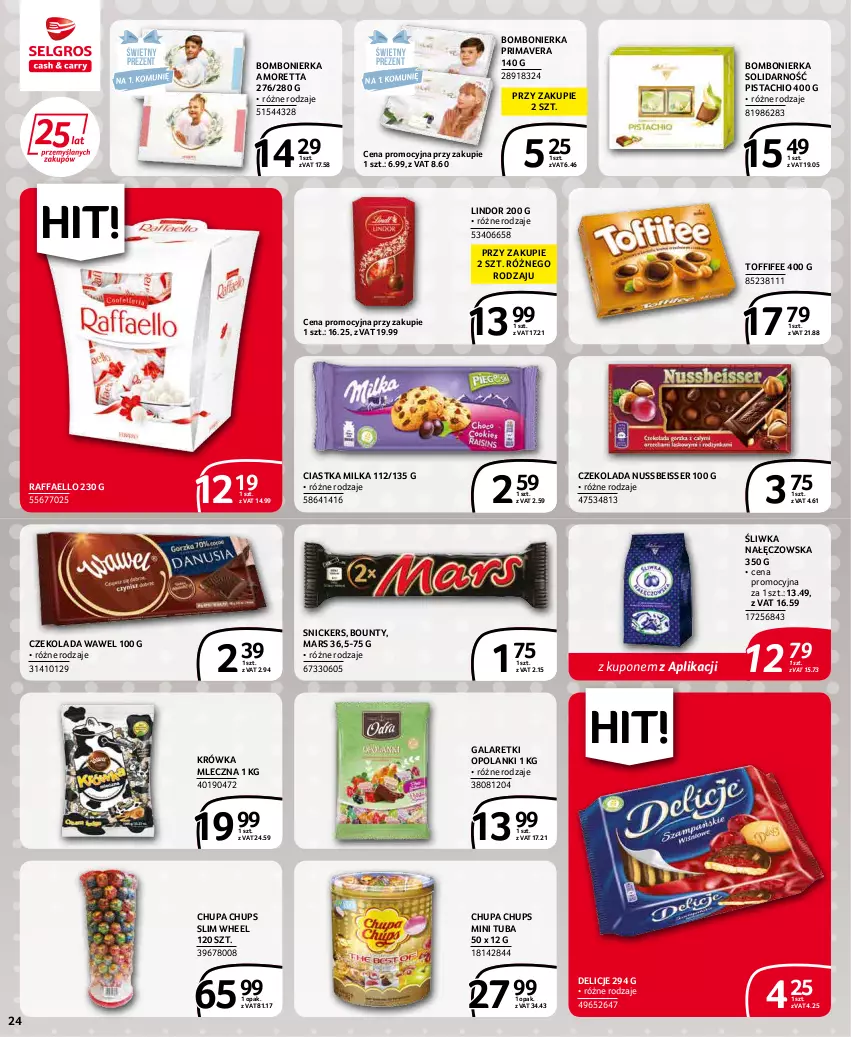 Gazetka promocyjna Selgros - Extra Oferta - ważna 01.05 do 31.05.2022 - strona 24 - produkty: Bounty, Chupa Chups, Ciastka, Czekolada, Delicje, Fa, Gala, Galaretki, Lanki, Lindor, Mars, Milka, Prima, Primavera, Raffaello, Ser, Snickers, Toffifee, Wawel