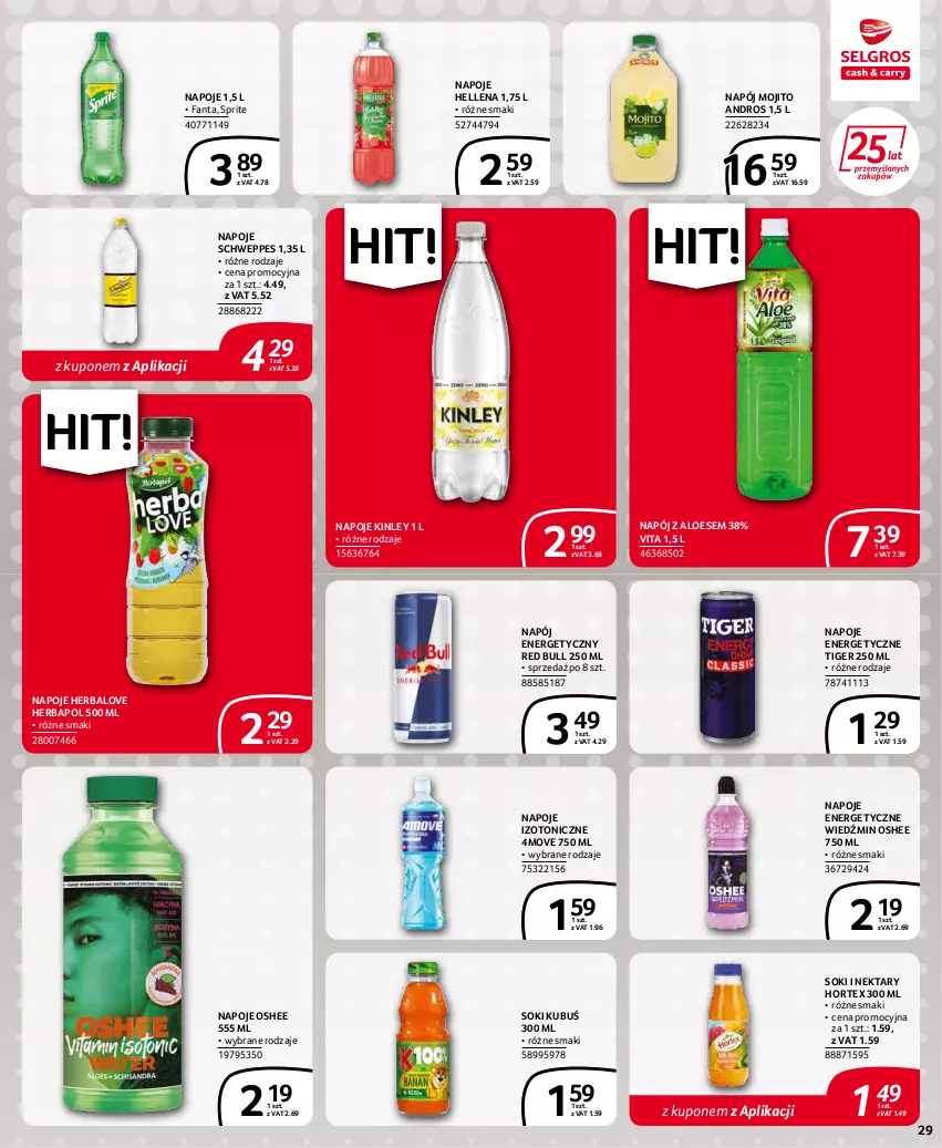 Gazetka promocyjna Selgros - Extra Oferta - ważna 01.05 do 31.05.2022 - strona 29 - produkty: Fa, Fanta, Hellena, Herbapol, Hortex, Kubuś, Napój, Napój energetyczny, Napoje, Nektar, Oshee, Red Bull, Schweppes, Sok, Sprite, Tiger