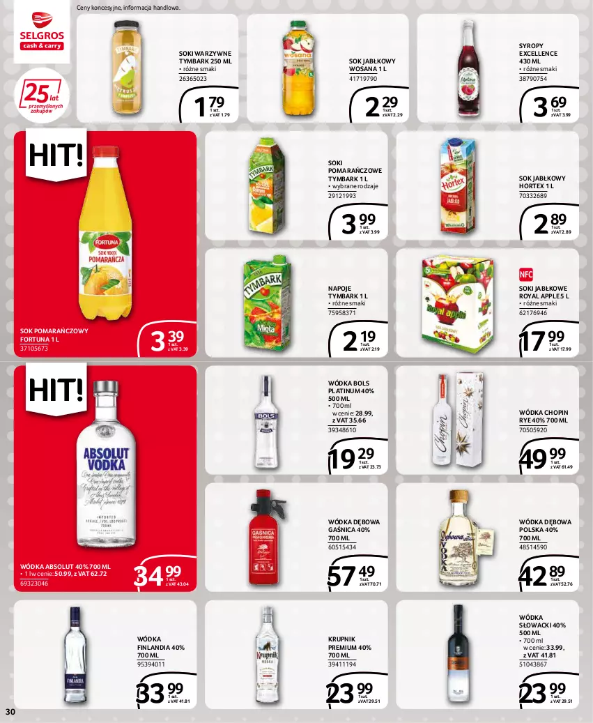 Gazetka promocyjna Selgros - Extra Oferta - ważna 01.05 do 31.05.2022 - strona 30 - produkty: Absolut, Bols, Finlandia, Fortuna, Gaśnica, Hortex, Krupnik, Napoje, Sok, Sok jabłkowy, Sok pomarańczowy, Syrop, Syropy, Tymbark, Wódka, Wosana