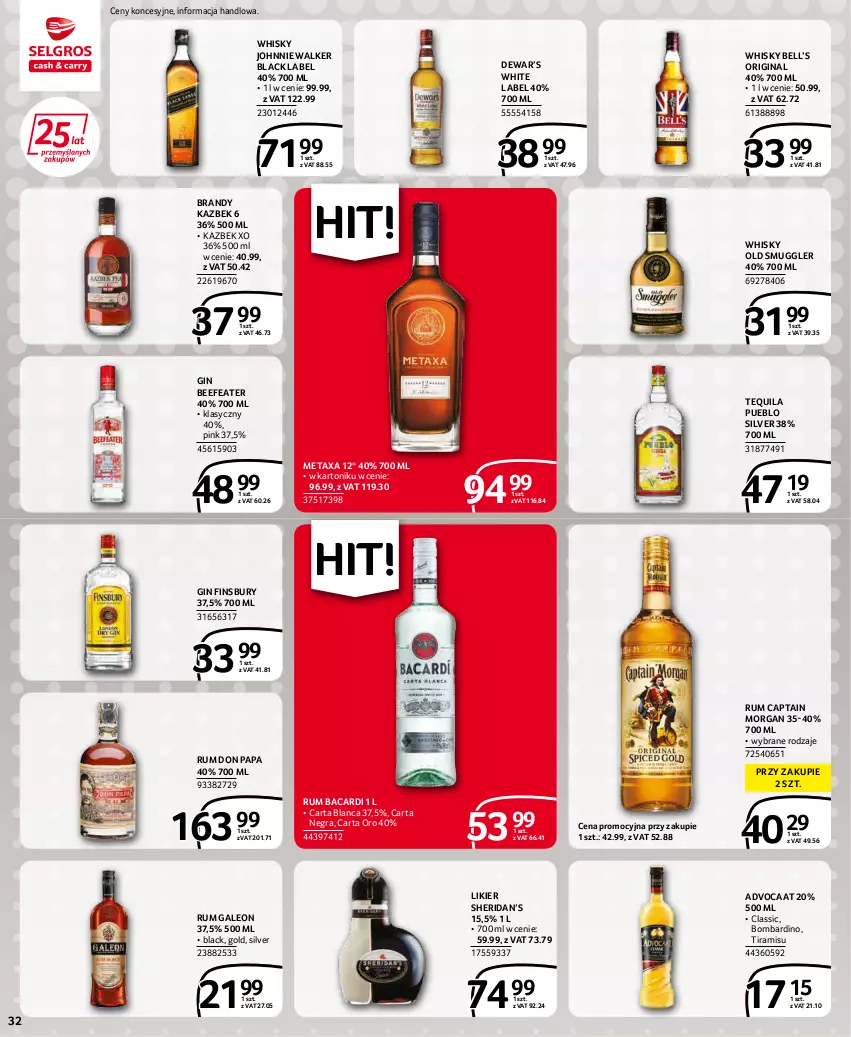 Gazetka promocyjna Selgros - Extra Oferta - ważna 01.05 do 31.05.2022 - strona 32 - produkty: Advocaat, Bacardi, Bell, Brandy, Captain Morgan, Gin, Gra, Johnnie Walker, Lack, Leon, Likier, Metaxa, Rum, Tequila, Tonik, Whisky