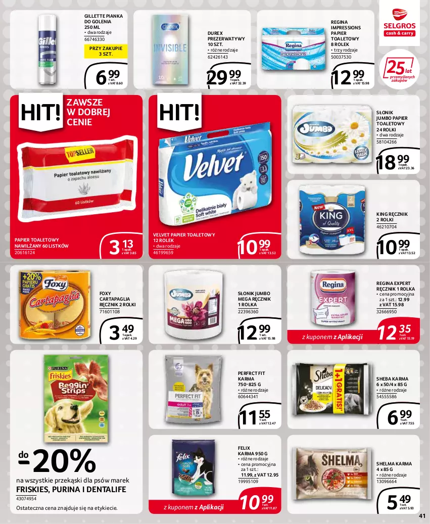 Gazetka promocyjna Selgros - Extra Oferta - ważna 01.05 do 31.05.2022 - strona 41 - produkty: Durex, Felix, Foxy, Friskies, Gillette, Gin, Papier, Papier toaletowy, Pianka do golenia, Prezerwatyw, Pur, Purina, Ręcznik, Rolki, Sheba, Velvet