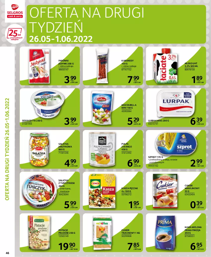 Gazetka promocyjna Selgros - Extra Oferta - ważna 01.05 do 31.05.2022 - strona 46 - produkty: Cukier, Cukier trzcinowy, Cukier wanilinowy, Kabanos, Kasza, Kawa, Kawa mielona, Lurpak, Mango, Mleko, Mozzarella, Olej, Parówki, Pistacje, Prima, Ricotta, Sałat, Sałatka, Ser, Sos, Szprot, Tuńczyk