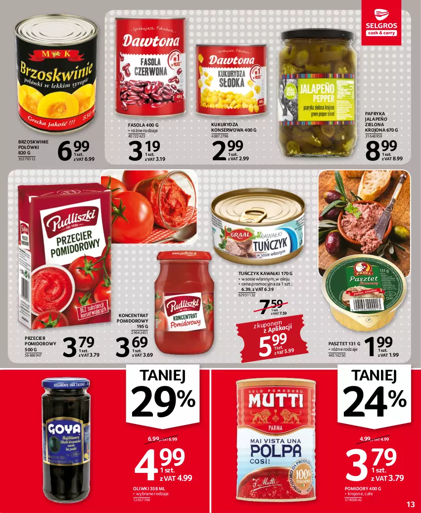 Gazetka promocyjna Selgros - Oferta spożywcza - ważna 03.11 do 16.11.2022 - strona 13 - produkty: Brzoskwinie, Fa, Fasola, Kawa, Koncentrat pomidorowy, Kukurydza, Kukurydza konserwowa, Olej, Oliwki, Papryka, Papryka jalapeño, Pasztet, Pomidory, Ser, Sos, Tuńczyk