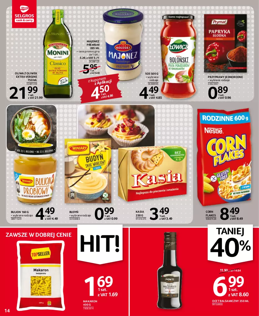 Gazetka promocyjna Selgros - Oferta spożywcza - ważna 03.11 do 16.11.2022 - strona 14 - produkty: Budyń, Bulion, Corn flakes, Gin, Kasia, Lion, Majonez, Makaron, Ocet, Ocet balsamiczny, Oliwa z oliwek, Przyprawy, Sos