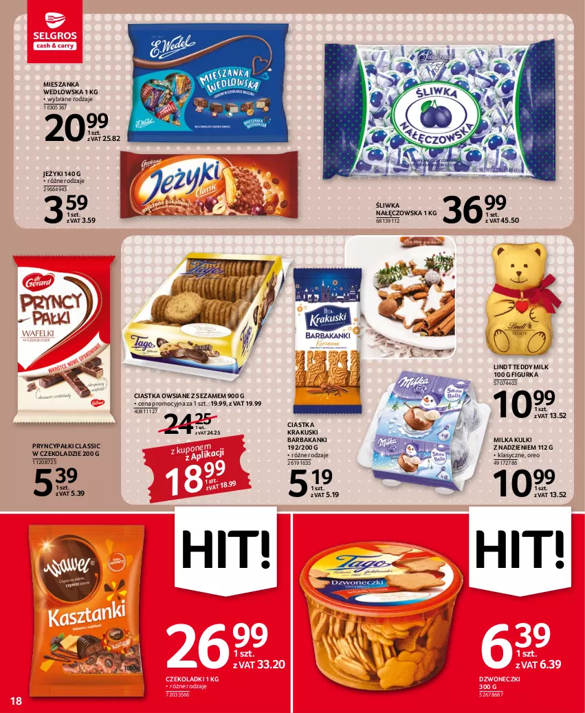 Gazetka promocyjna Selgros - Oferta spożywcza - ważna 03.11 do 16.11.2022 - strona 18 - produkty: Ciastka, Ciastka owsiane, Jeżyki, Krakus, Krakuski, Lindt, Mieszanka wedlowska, Milka, Oreo, Sezam