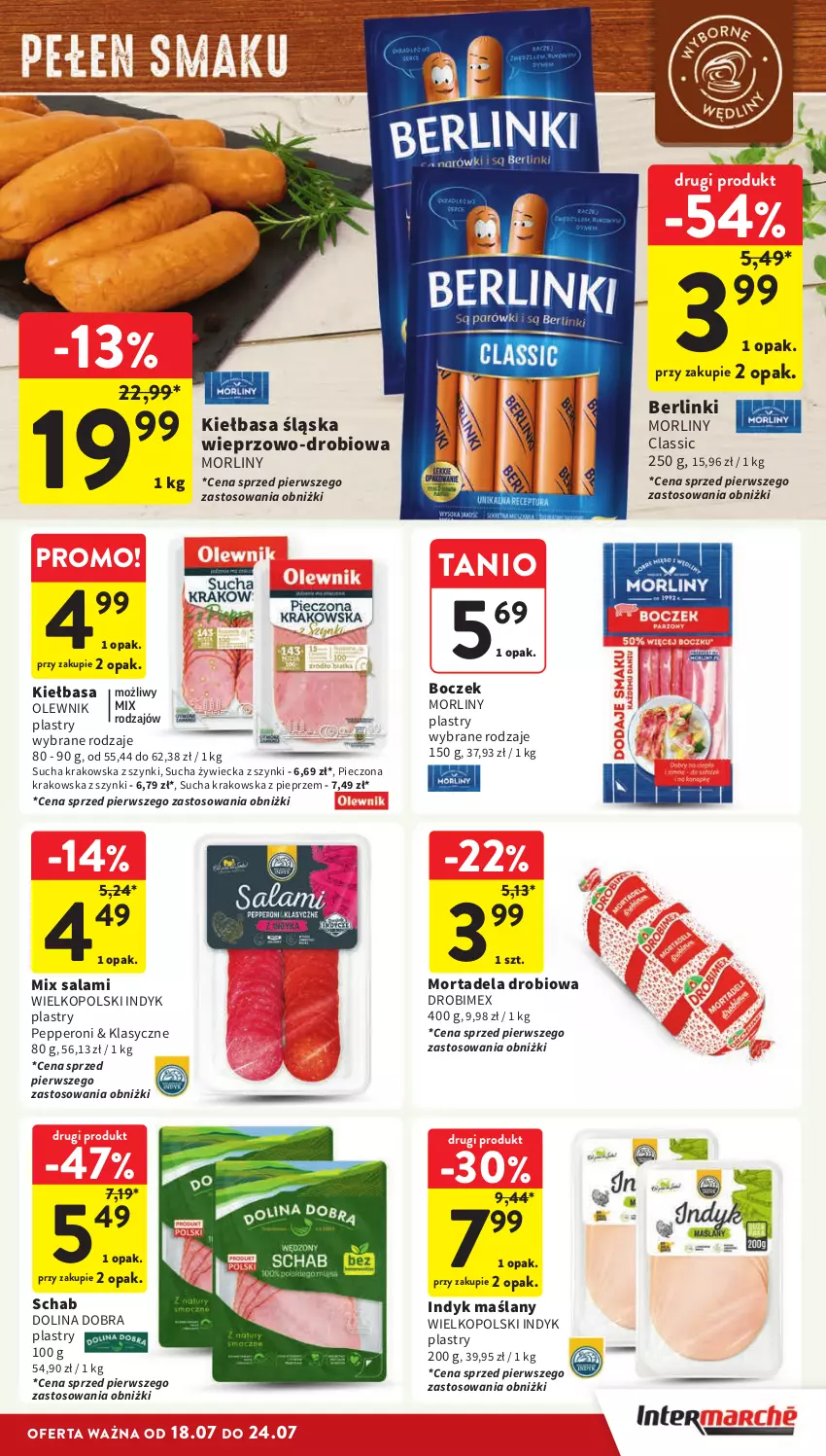 Gazetka promocyjna Intermarche - Gazetka Intermarche - ważna 18.07 do 24.07.2024 - strona 13 - produkty: Berlinki, Boczek, Drobimex, Kiełbasa, Kiełbasa śląska, Morliny, Olewnik, Piec, Pieprz, Salami