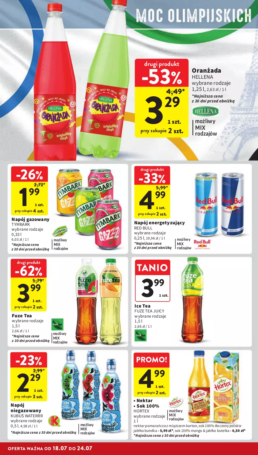 Gazetka promocyjna Intermarche - Gazetka Intermarche - ważna 18.07 do 24.07.2024 - strona 30 - produkty: Hellena, Hortex, Ice tea, Kubuś, Kubuś Waterrr, Mango, Napój, Napój gazowany, Napój niegazowany, Nektar, Oranżada, Red Bull, Sok, Tymbark