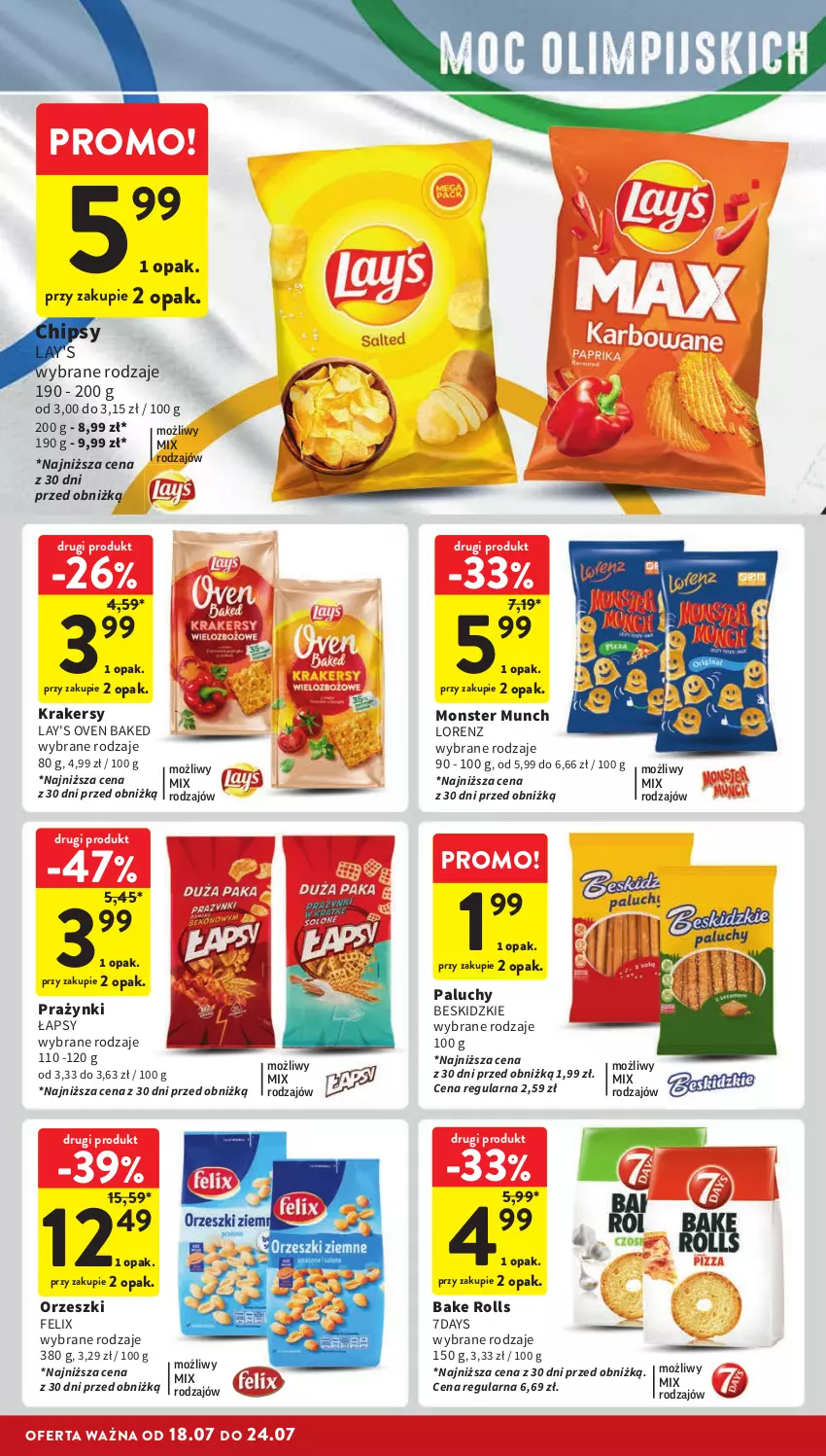 Gazetka promocyjna Intermarche - Gazetka Intermarche - ważna 18.07 do 24.07.2024 - strona 32 - produkty: Bake Rolls, Beskidzki, Chipsy, Felix, Krakersy, Lorenz, Monster Munch, Orzeszki