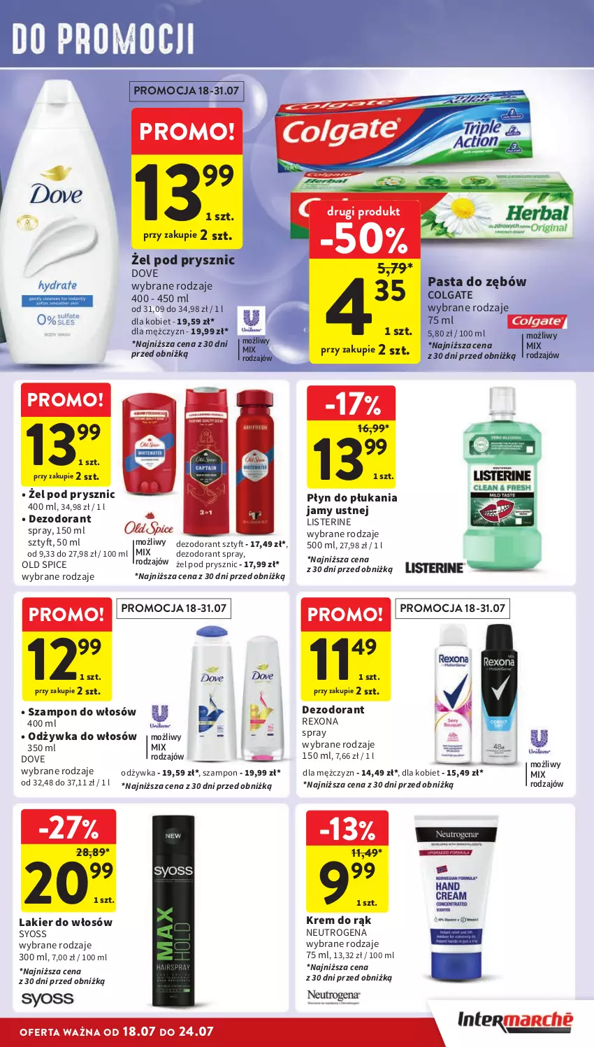 Gazetka promocyjna Intermarche - Gazetka Intermarche - ważna 18.07 do 24.07.2024 - strona 35 - produkty: Colgate, Dezodorant, Dove, Krem do rąk, Lakier, Lakier do włosów, LG, Listerine, Neutrogena, Odżywka, Old Spice, Pasta do zębów, Płyn do płukania, Płyn do płukania jamy ustnej, Rexona, Syoss, Szampon