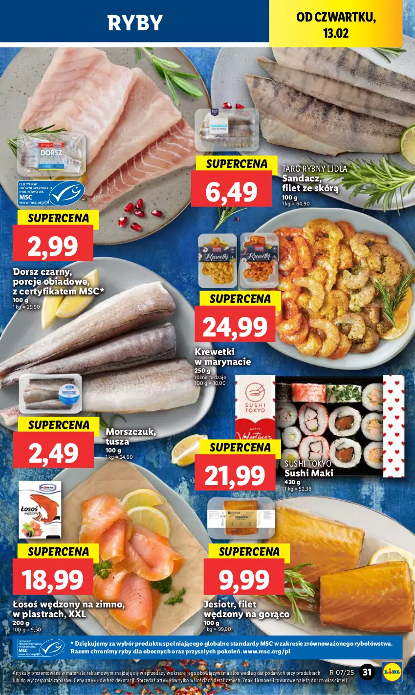 Gazetka promocyjna Lidl - GAZETKA - ważna 13.02 do 15.02.2025 - strona 35 - produkty: Dorsz, Krewetki, Por, Sandacz, Sushi, Tusz