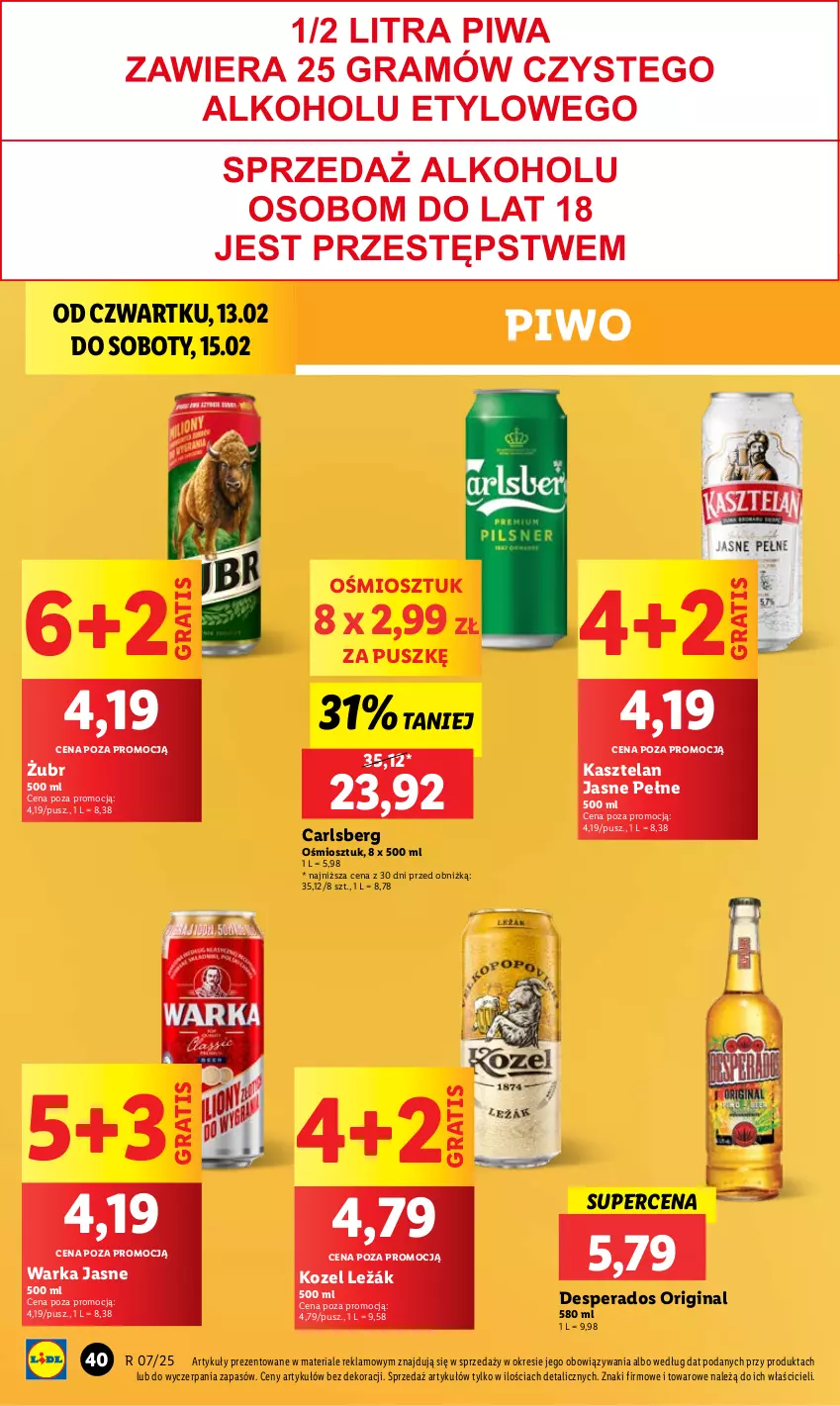 Gazetka promocyjna Lidl - GAZETKA - ważna 13.02 do 15.02.2025 - strona 46 - produkty: Carlsberg, Desperados, Gin, Gra, Kasztelan, Kozel, Piwo, Warka