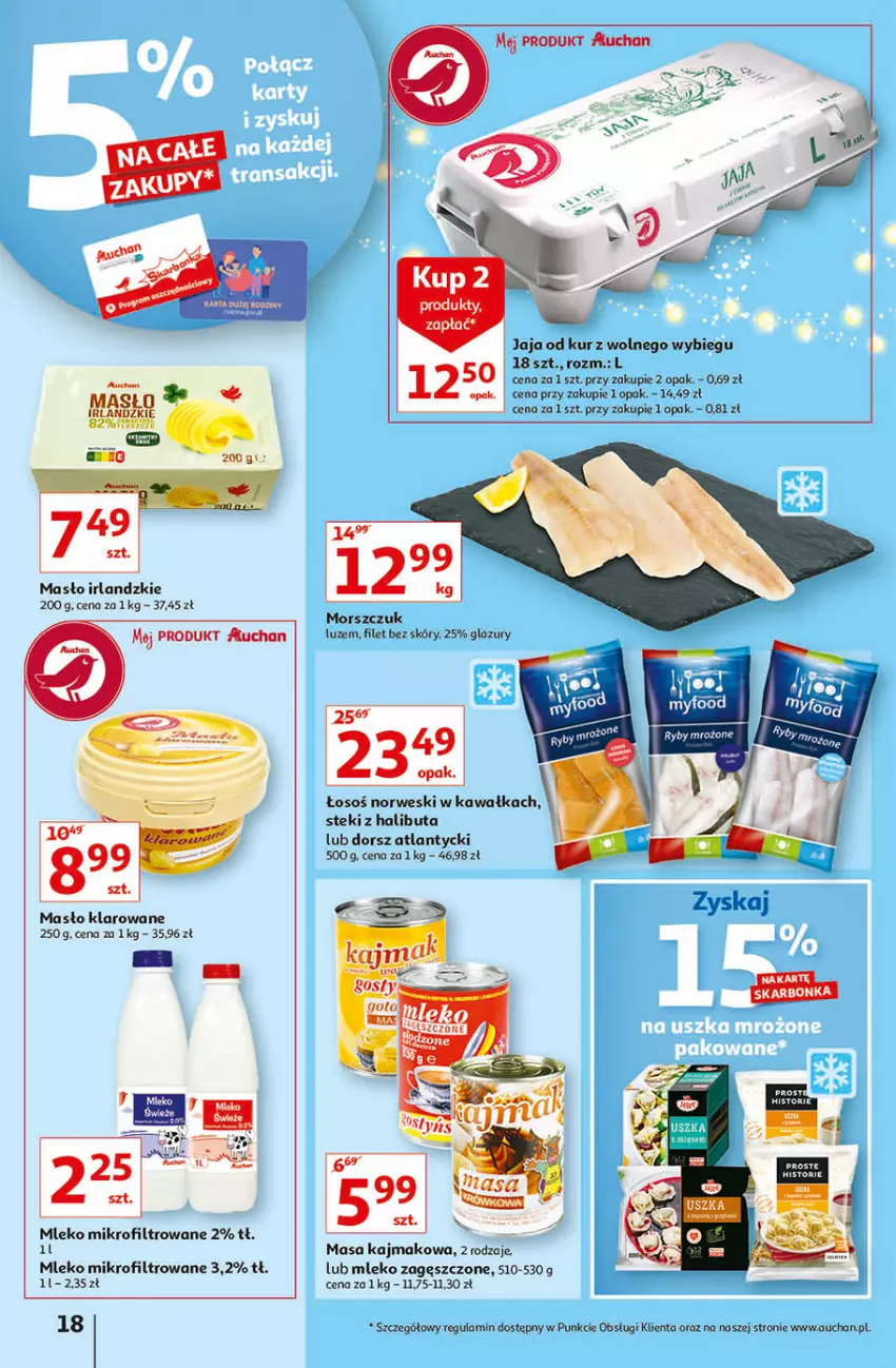 Gazetka promocyjna Auchan - Magia stołu wigilijnego Hipermarkety - ważna 16.12 do 24.12.2021 - strona 18 - produkty: Dorsz, Halibut, Jaja, Kawa, Lazur, Masło, Masło klarowane, Mleko, Mleko mikrofiltrowane, Mleko zagęszczone, Stek