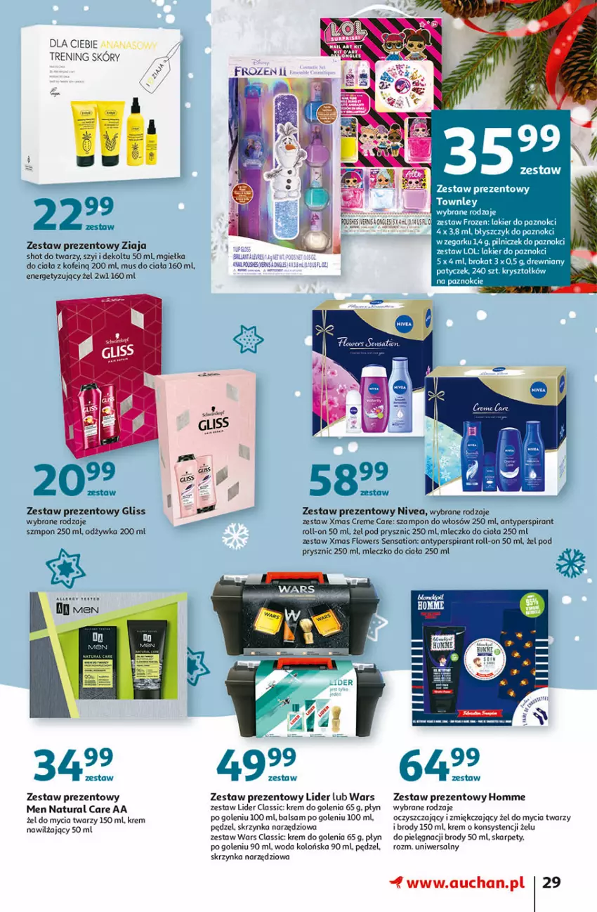 Gazetka promocyjna Auchan - Magia stołu wigilijnego Hipermarkety - ważna 16.12 do 24.12.2021 - strona 29 - produkty: Antyperspirant, Balsam po goleniu, Fa, Gra, Karp, Krem do golenia, Krem nawilżający, Lakier, Lakier do paznokci, Mleczko, Mleczko do ciała, Mus, NBA, Nivea, Odżywka, Sati, Skrzynka narzędziowa, Szampon, Woda, Woda kolońska, Zegar, Zestaw prezentowy, Ziaja