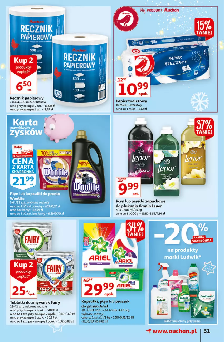 Gazetka promocyjna Auchan - Magia stołu wigilijnego Hipermarkety - ważna 16.12 do 24.12.2021 - strona 31 - produkty: Ariel, Fa, Fairy, Lenor, Papier, Papier toaletowy, Perełki zapachowe, Proszek do prania, Ręcznik, Tablet