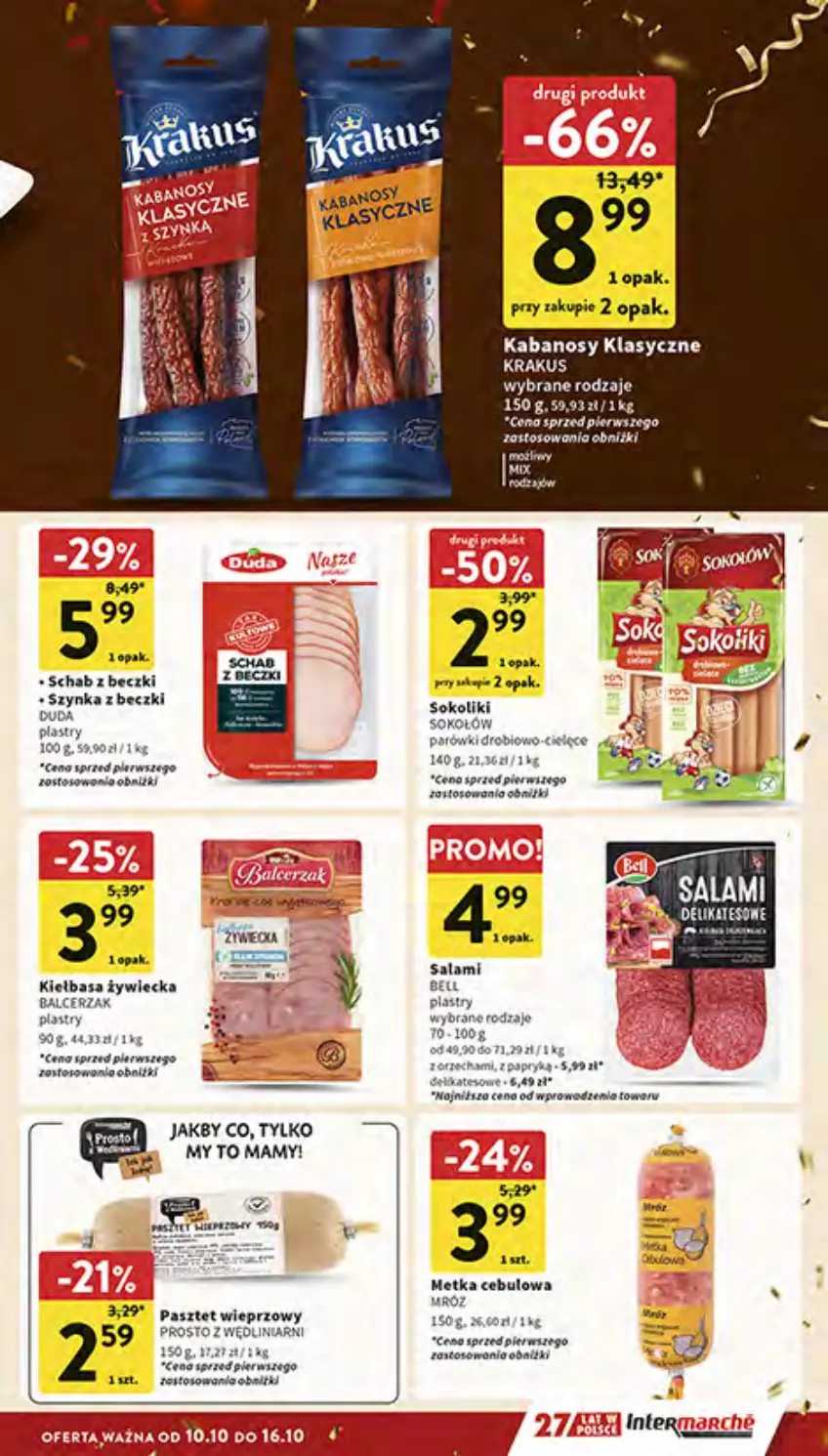 Gazetka promocyjna Intermarche - Gazetka Intermarche - ważna 10.10 do 16.10.2024 - strona 17 - produkty: Bell, Duda, Kabanos, Kiełbasa, Krakus, Parówki, Pasztet, Salami, Sok, Sokołów, Szynka, Szynka z beczki