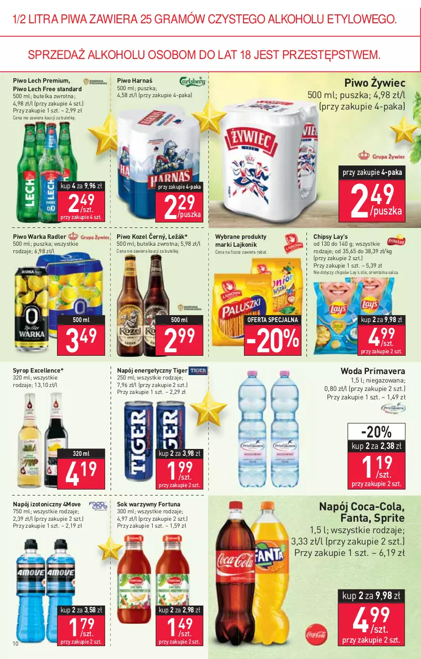 Gazetka promocyjna Stokrotka - Market - ważna 22.12 do 28.12.2021 - strona 10 - produkty: Chipsy, Coca-Cola, Fa, Fanta, Fortuna, Gra, Harnaś, Kozel, Lajkonik, Lay’s, Lech Premium, Napój, Napój energetyczny, Napój izotoniczny, Piwa, Piwo, Prima, Primavera, Radler, Salsa, Sok, Sprite, Syrop, Tiger, Warka, Woda