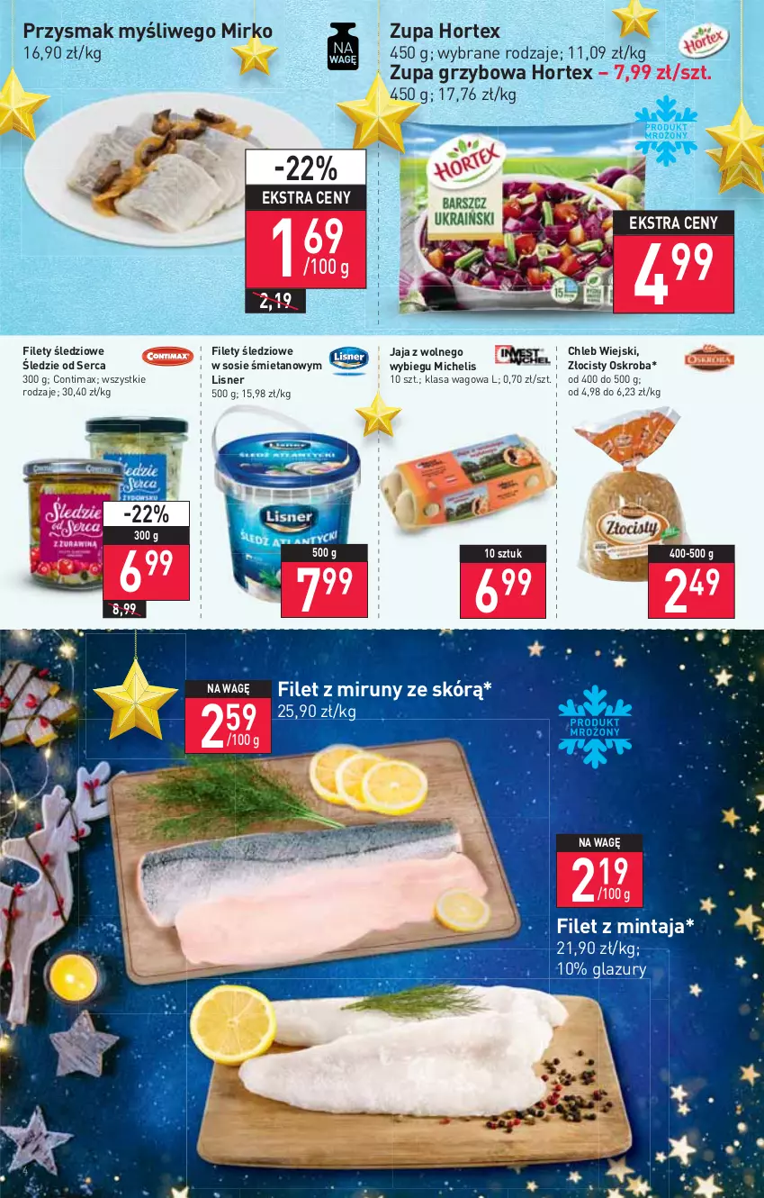 Gazetka promocyjna Stokrotka - Market - ważna 22.12 do 28.12.2021 - strona 4 - produkty: Chleb, Filet z mintaja, Hortex, Jaja, Jaja z wolnego wybiegu, Lazur, Lisner, Mintaj, Ser, Sos, Zupa