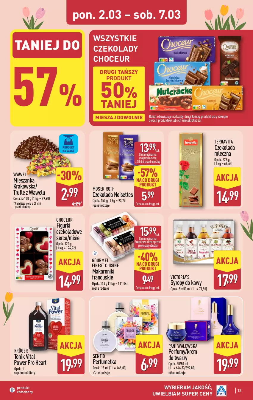 Gazetka promocyjna Aldi - Pełna oferta - ważna 02.03 do 07.03.2026 - strona 13 - produkty: Czekolada, Czekolada mleczna, Krem do twarzy, Makaron, Moser Roth, Perfum, Ser, Suplement diety, Syrop, Syropy, Tonik, Wawel