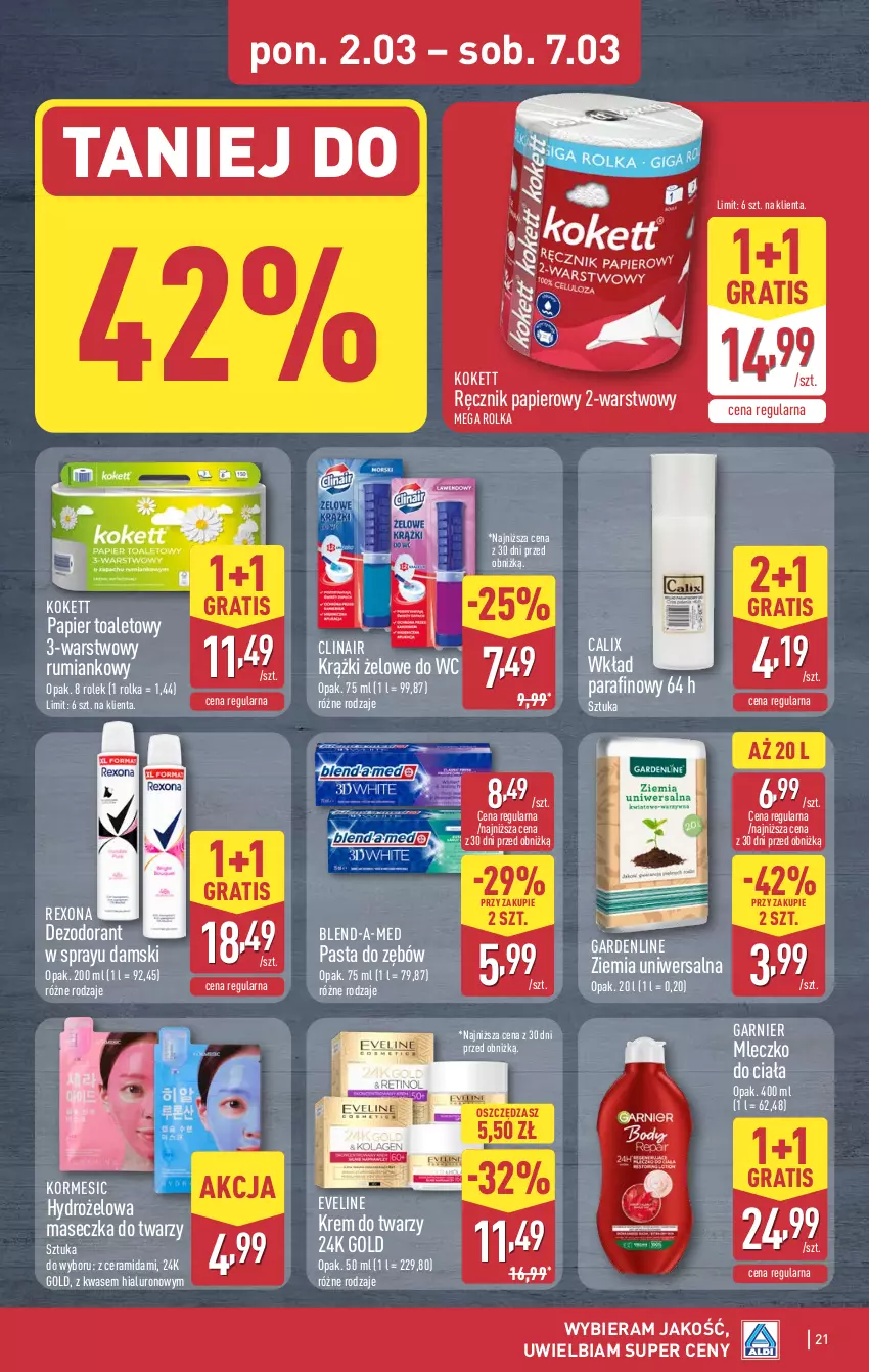 Gazetka promocyjna Aldi - Pełna oferta - ważna 02.03 do 07.03.2026 - strona 21 - produkty: Blend-a-Med, Clin, Dezodorant, Eveline, Garnier, Gra, Krem do twarzy, Mleczko, Mleczko do ciała, Papier, Papier toaletowy, Pasta do zębów, Ręcznik, Rexona, Rum