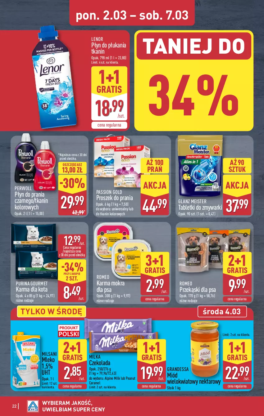 Gazetka promocyjna Aldi - Pełna oferta - ważna 02.03 do 07.03.2026 - strona 22 - produkty: Czekolada, Gra, Lenor, Milka, Miód, Mleko, Nektar, Perwoll, Płyn do płukania, Płyn do prania, Proszek do prania, Przekąski dla psa, Pur, Purina, Tablet, Tabletki do zmywarki, Zmywarki