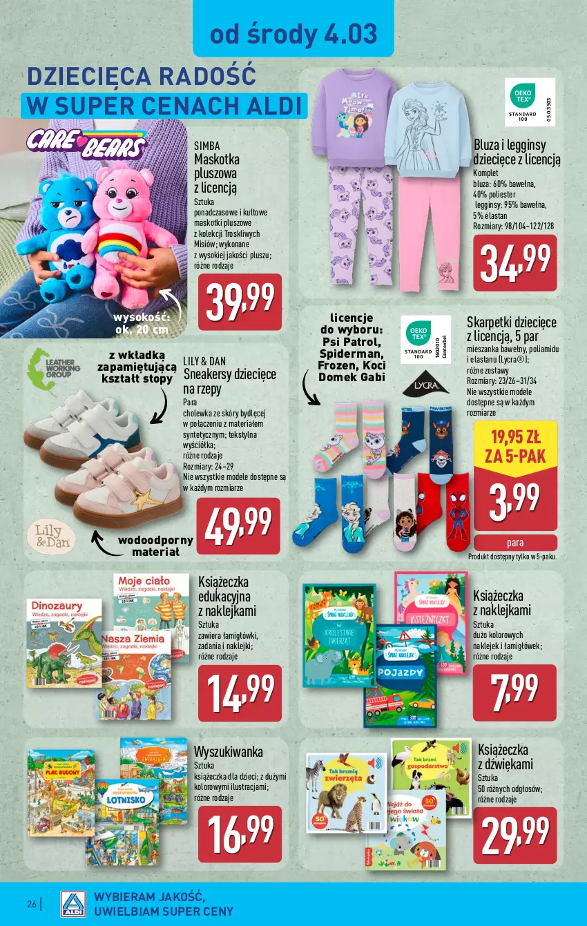 Gazetka promocyjna Aldi - Pełna oferta - ważna 02.03 do 07.03.2026 - strona 26 - produkty: Bluza, Dzieci, Frozen, Gin, Karp, Klej, Koc, Legginsy, Maskotka pluszowa, Por, Psi Patrol, Skarpetki, Sneakersy, Sok, Spiderman, Top, Wełna