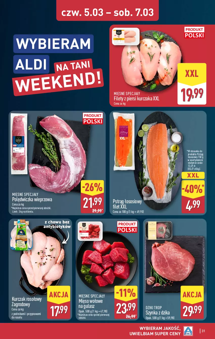 Gazetka promocyjna Aldi - Pełna oferta - ważna 02.03 do 07.03.2026 - strona 31 - produkty: Kurczak, Mięsne specjały, Mięso, Mięso wołowe, Polędwiczka wieprzowa, Pstrąg, Pstrąg łososiowy, Sos, Szynka