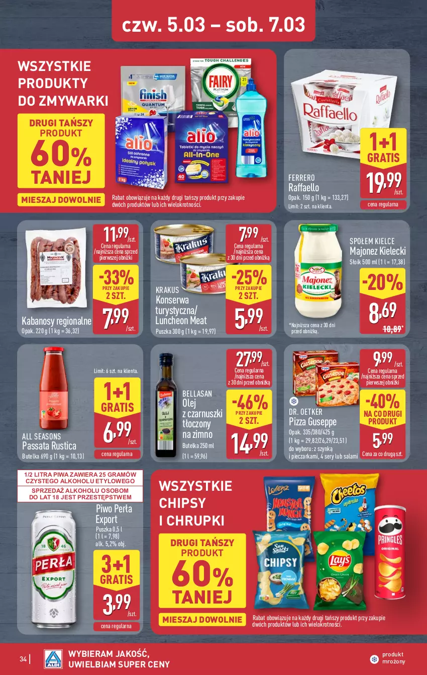Gazetka promocyjna Aldi - Pełna oferta - ważna 02.03 do 07.03.2026 - strona 34 - produkty: All Seasons, Bell, Bella, Chipsy, Chrupki, Dr. Oetker, Fa, Ferrero, Gra, Kabanos, Konserwa turystyczna, Krakus, Majonez, Olej, Olej z czarnuszki, Perła, Piec, Pieczarka, Piwa, Piwo, Pizza, Por, Raffaello, Rust, Salami, Ser, Zmywarki