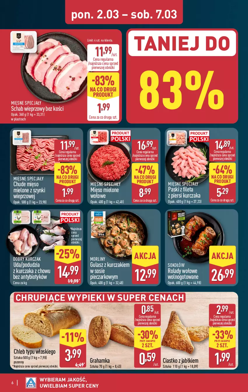 Gazetka promocyjna Aldi - Pełna oferta - ważna 02.03 do 07.03.2026 - strona 6 - produkty: Chleb, Chleb typu włoskiego, Gra, Kurczak, Mięsne specjały, Mięso, Mięso mielone, Mięso mielone z szynki, Morliny, Piec, Schab wieprzowy, Sok, Sokołów, Sos