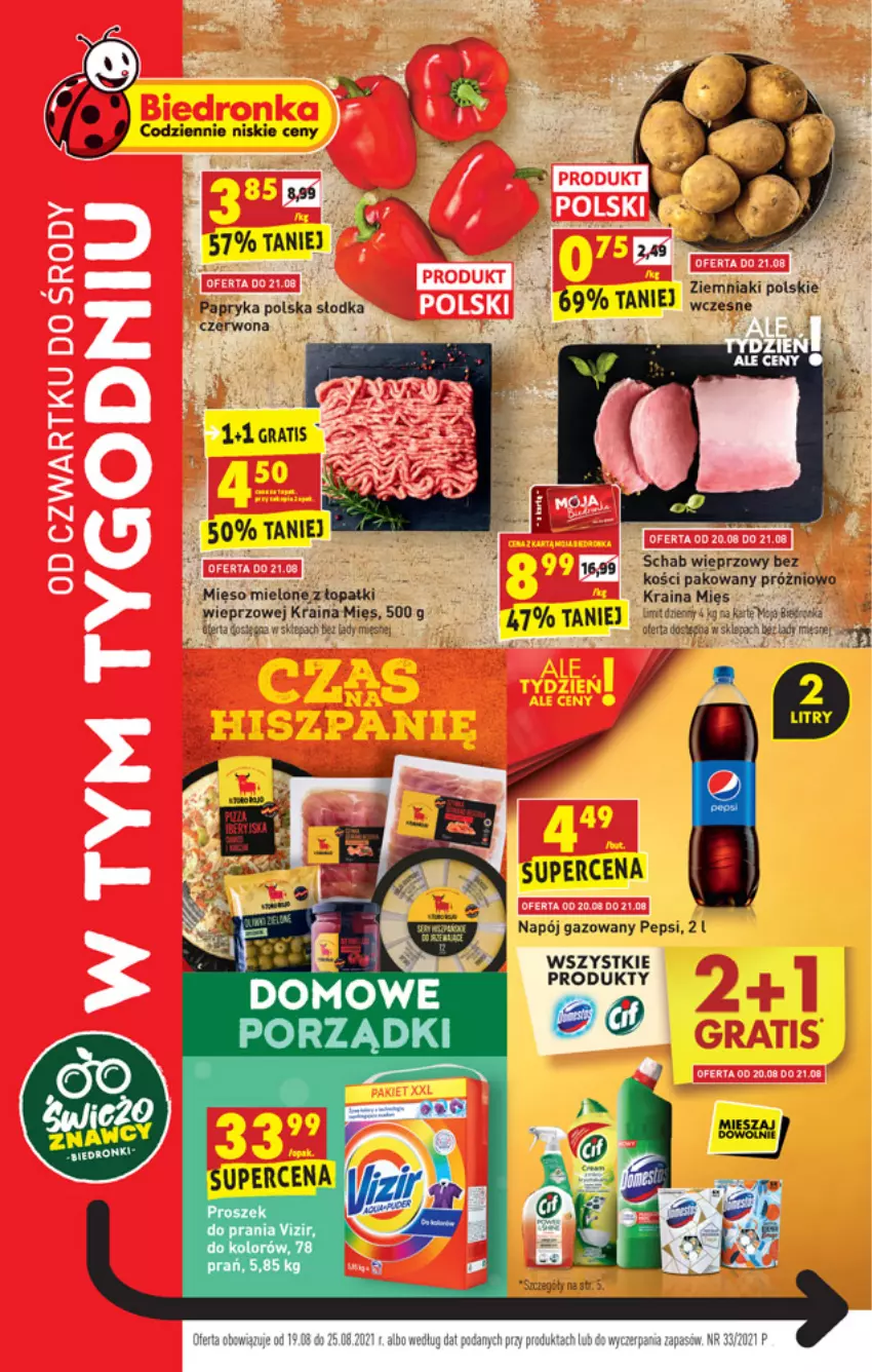 Gazetka promocyjna Biedronka - W tym tygodniu - ważna 19.08 do 25.08.2021 - strona 1 - produkty: Gra, Mięso, Mięso mielone, Napój, Napój gazowany, Papryka, Pepsi, Por, Proszek do prania, Vizir, Ziemniaki