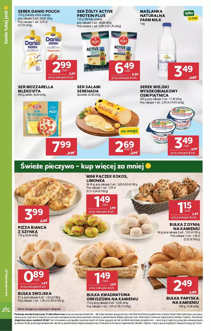 Gazetka promocyjna Stokrotka - Market - ważna 16.07 do 22.07.2026 - strona 22 - produkty: Bułka, Danio, Danone, Dynią, Fa, Farm Milk, Kokos, Limonka, Maślanka, Mięso, Mleko, Mlekovita, Mozzarella, Optima, Owoce, Pączek, Piątnica, Piec, Pieczywo, Pizza, Salami, Ser, Ser salami, Serek, Serek wiejski, Sok, Warzywa